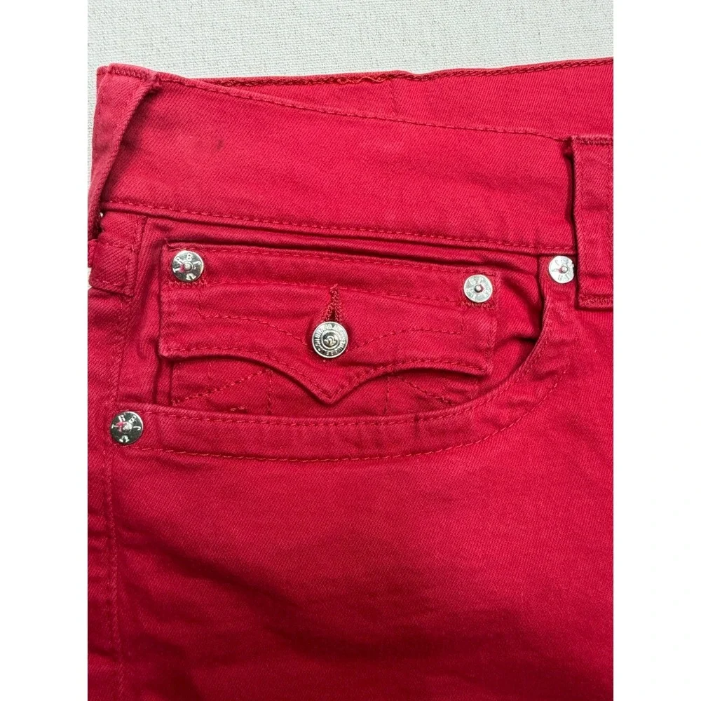 True Religion Ricky Flap Red Relaxed Straight Denim Shorts Mens 42 Raw Hem